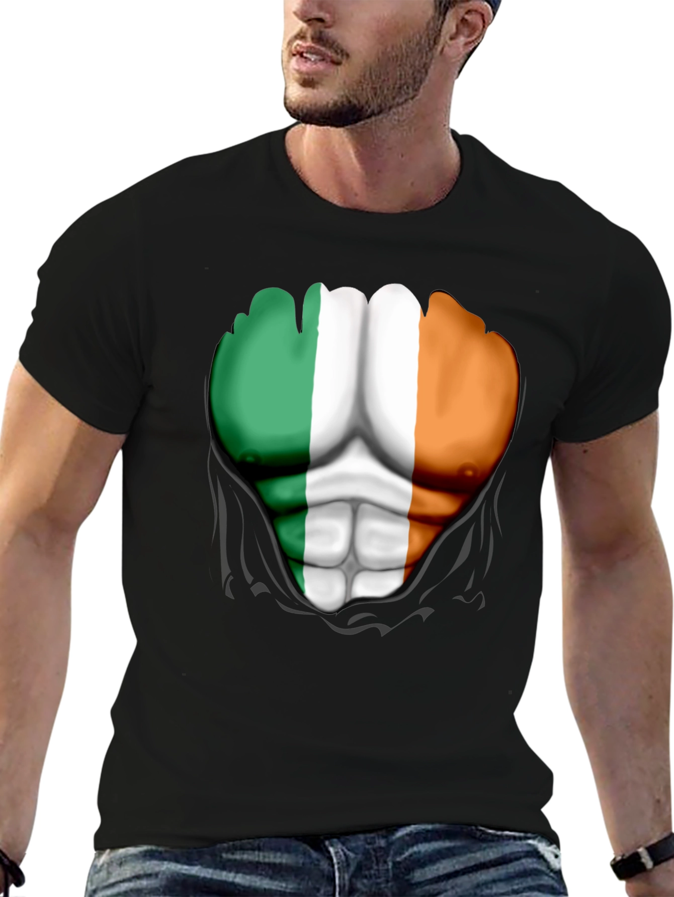Ireland Flag Ripped Abs Mens T-Shirt