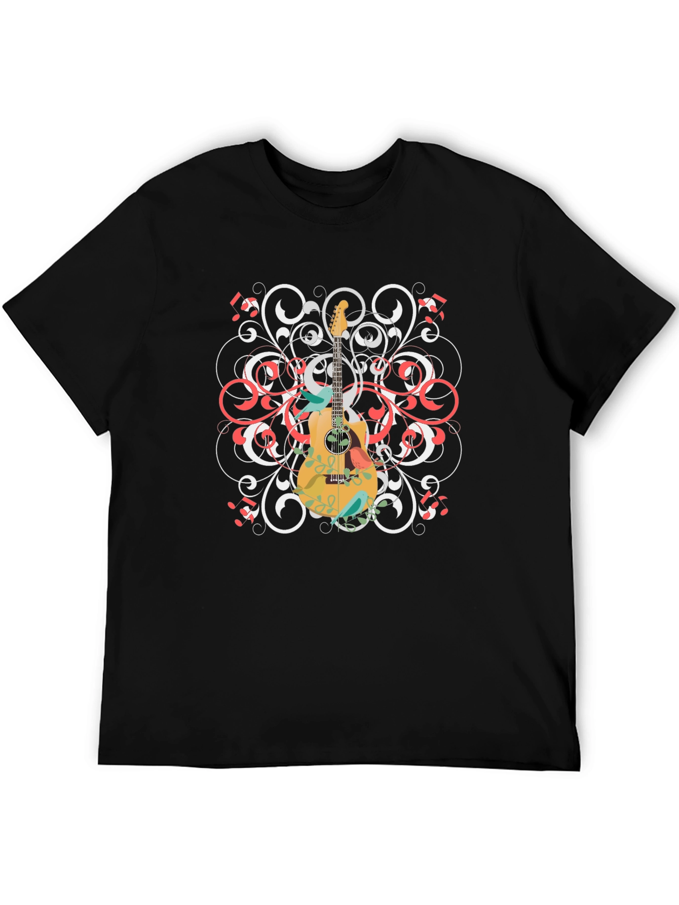 Guitar Floral Graphic Tee - Black Cotton Shirt