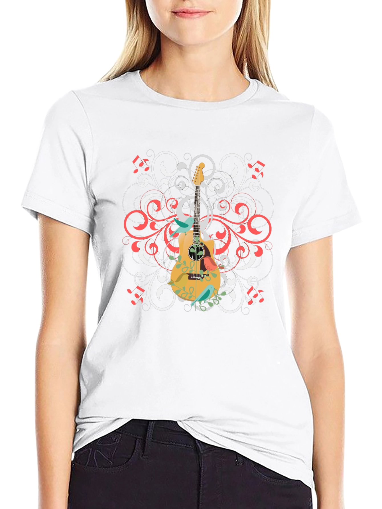 Guitar Floral Graphic Tee - Black Cotton Shirt