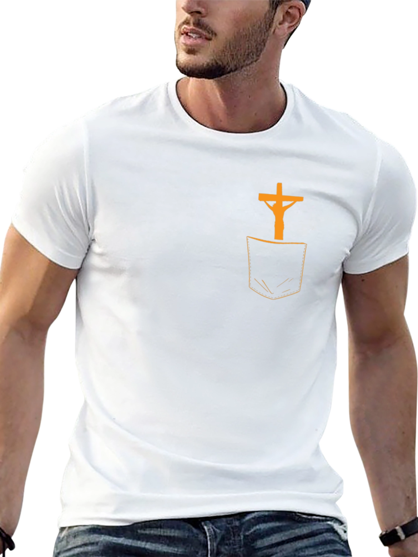 Cross in Pocket Graphic T-Shirt - Religious Tee