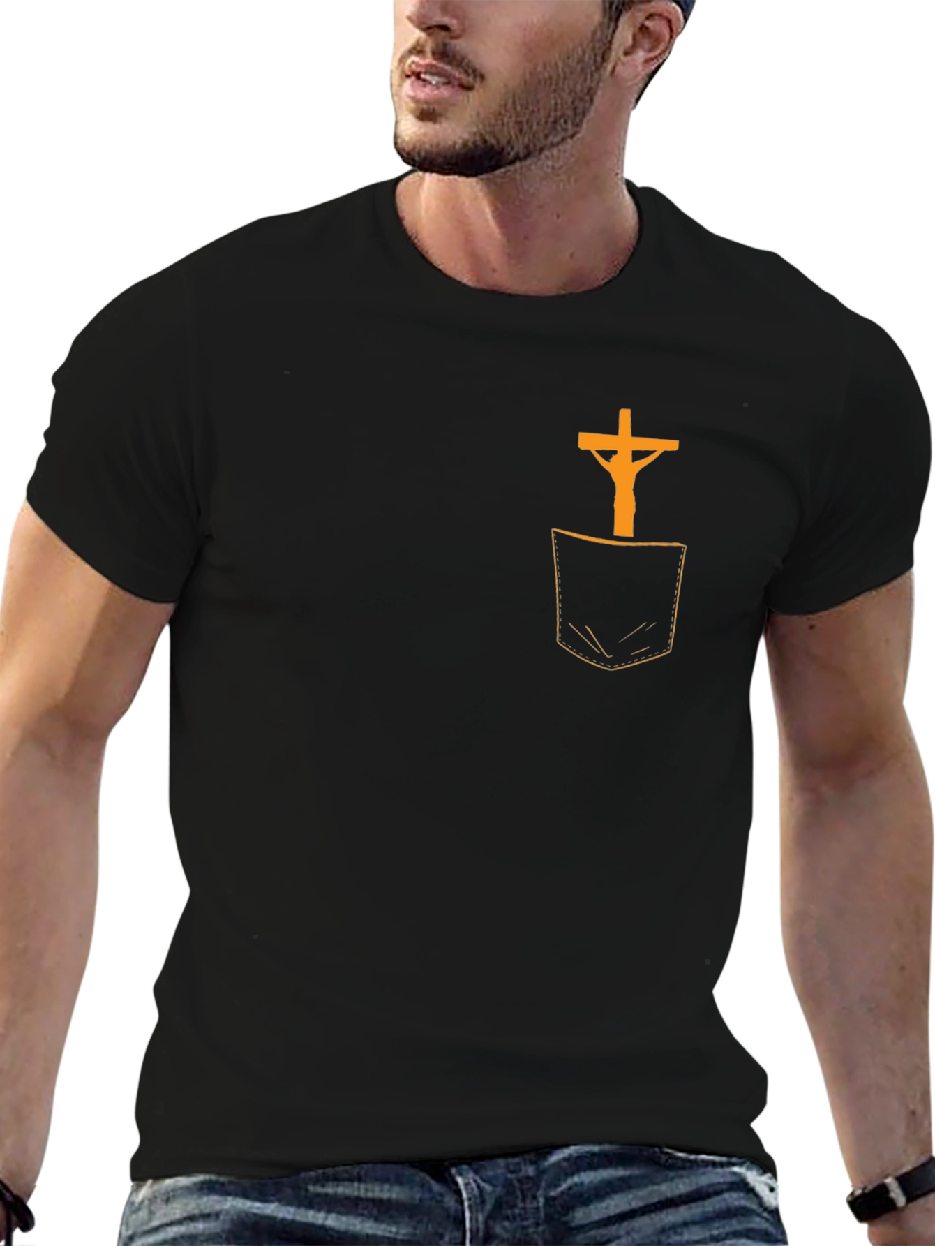 Cross in Pocket Graphic T-Shirt - Religious Tee
