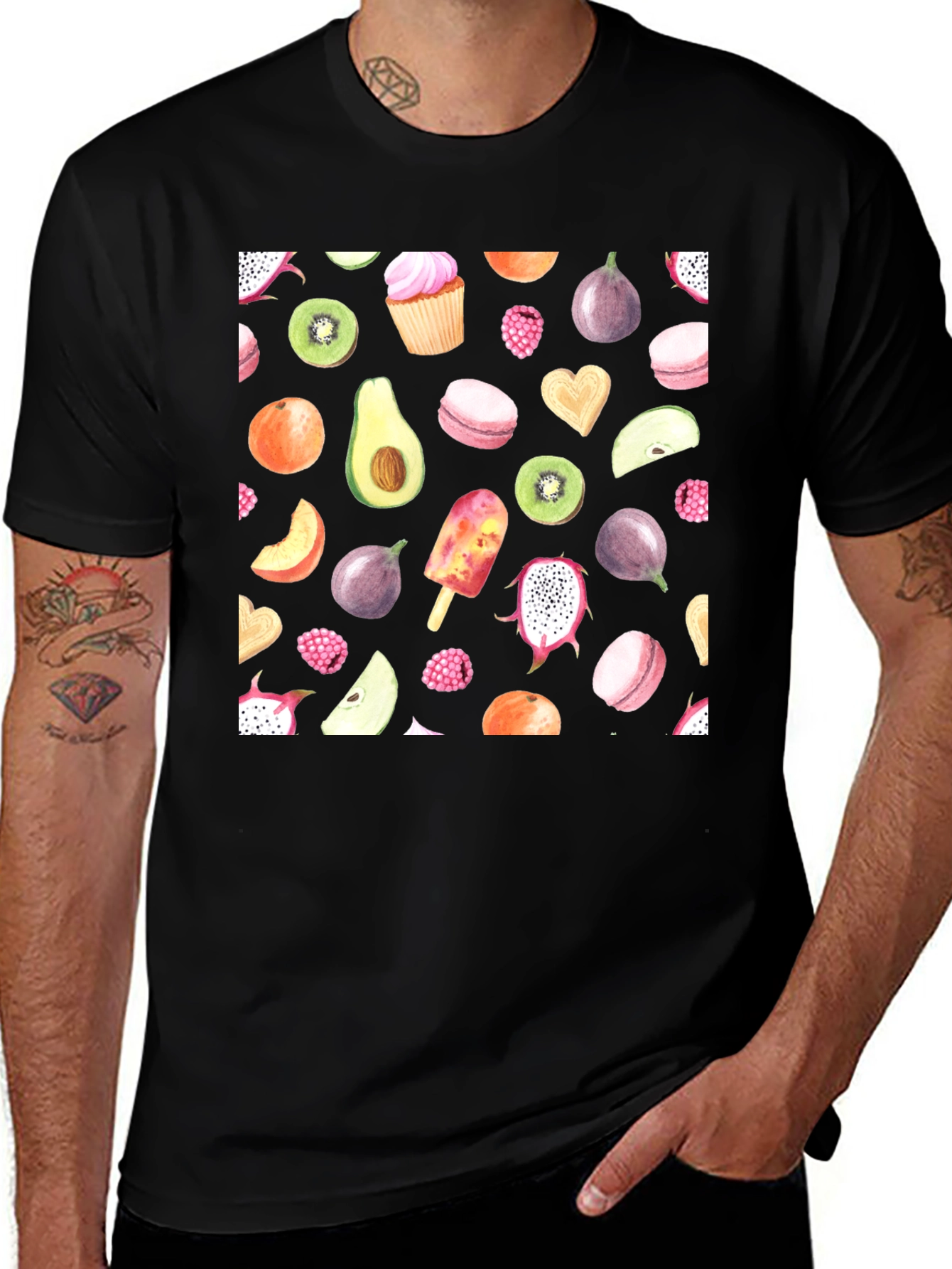 Fruit Print Black Casual T-Shirt