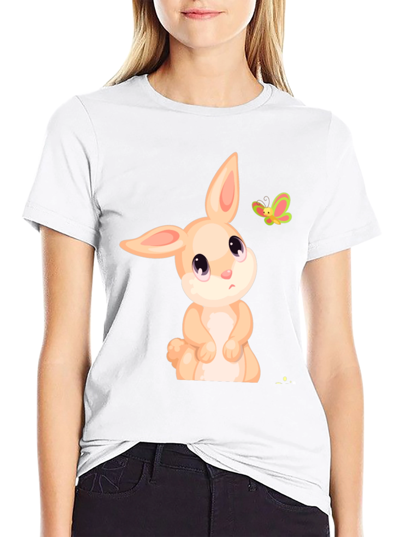 Cute Bunny & Butterfly Graphic Tee - Black