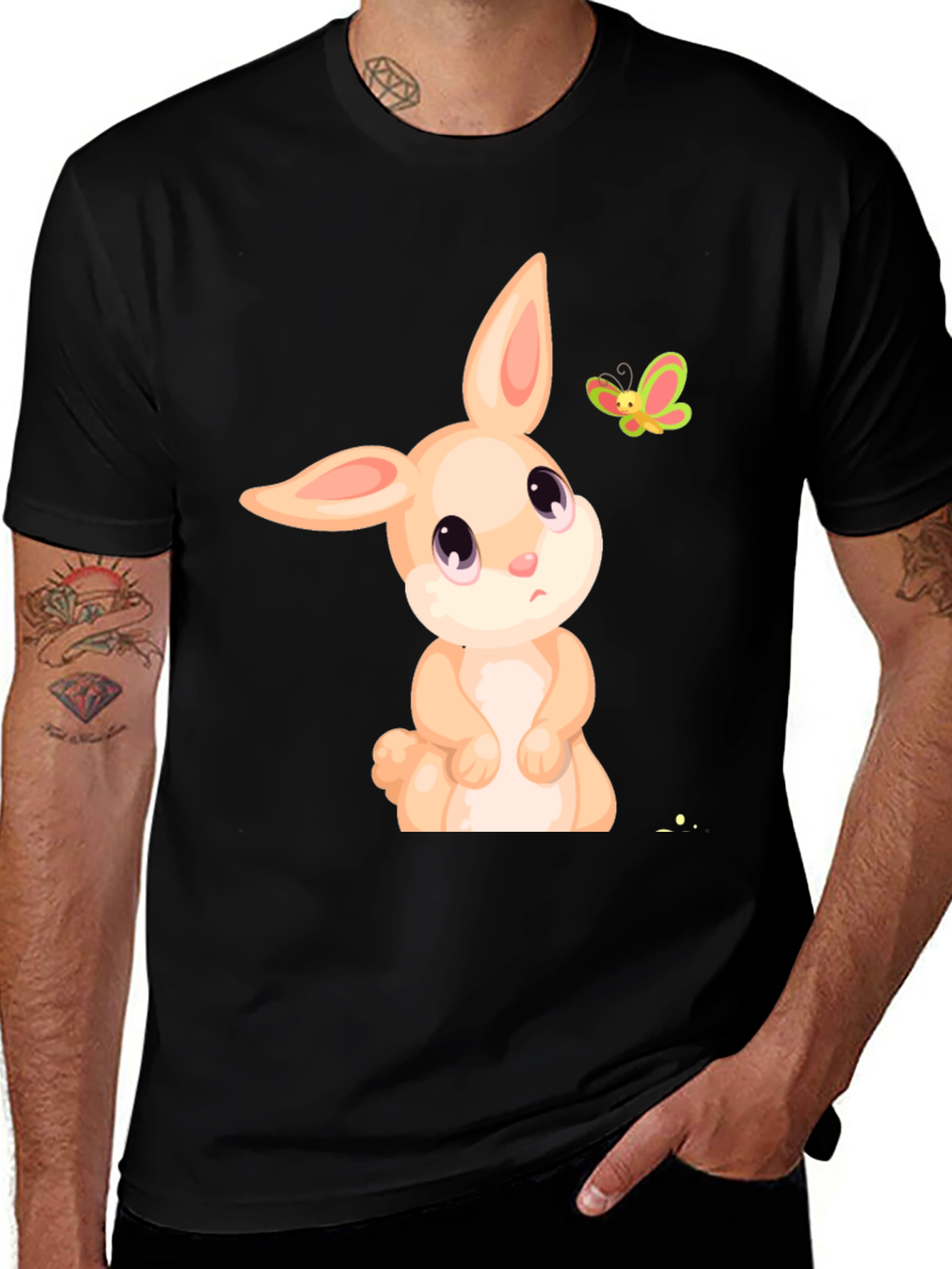 Cute Bunny & Butterfly Graphic Tee - Black
