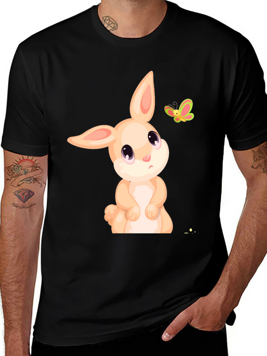 Cute Bunny & Butterfly Graphic Tee - Black