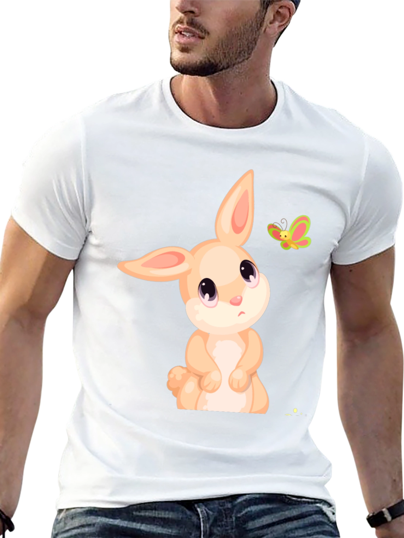 Cute Bunny & Butterfly Graphic Tee - Black