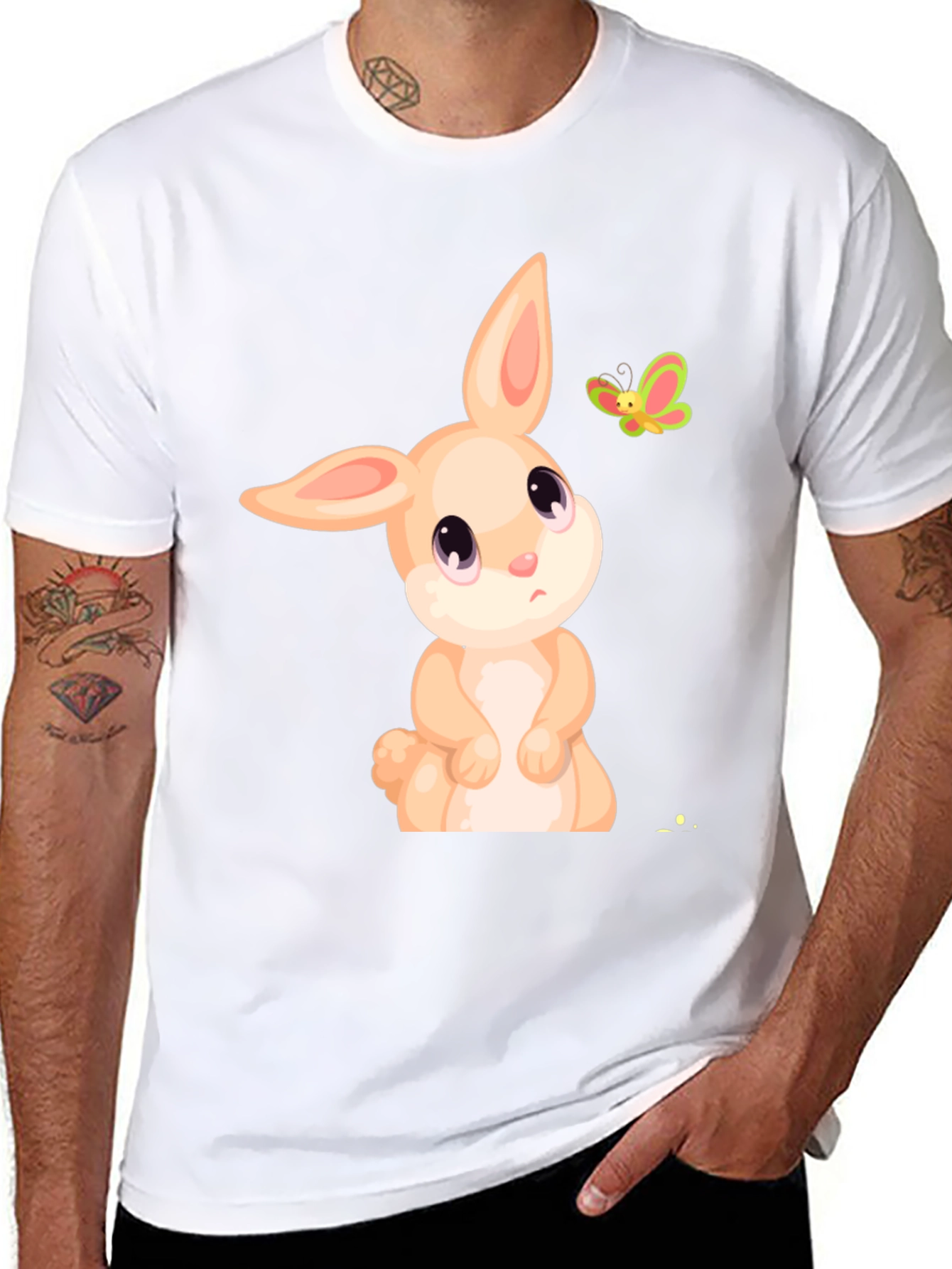 Cute Bunny & Butterfly Graphic Tee - Black