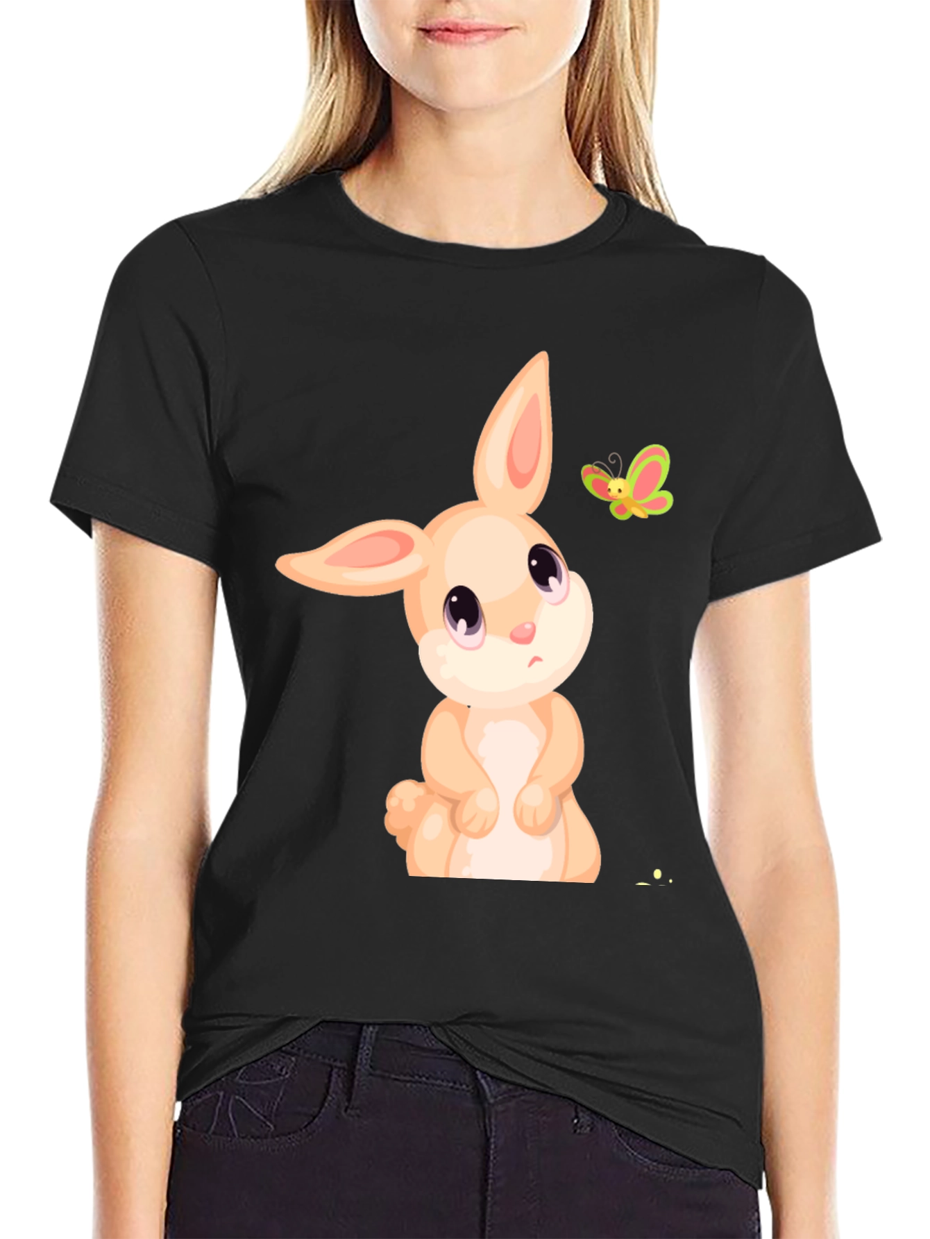 Cute Bunny & Butterfly Graphic Tee - Black