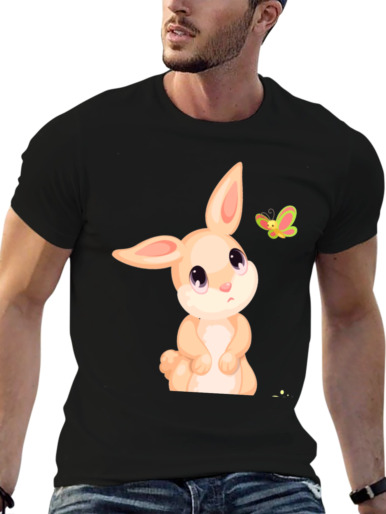 Cute Bunny & Butterfly Graphic Tee - Black