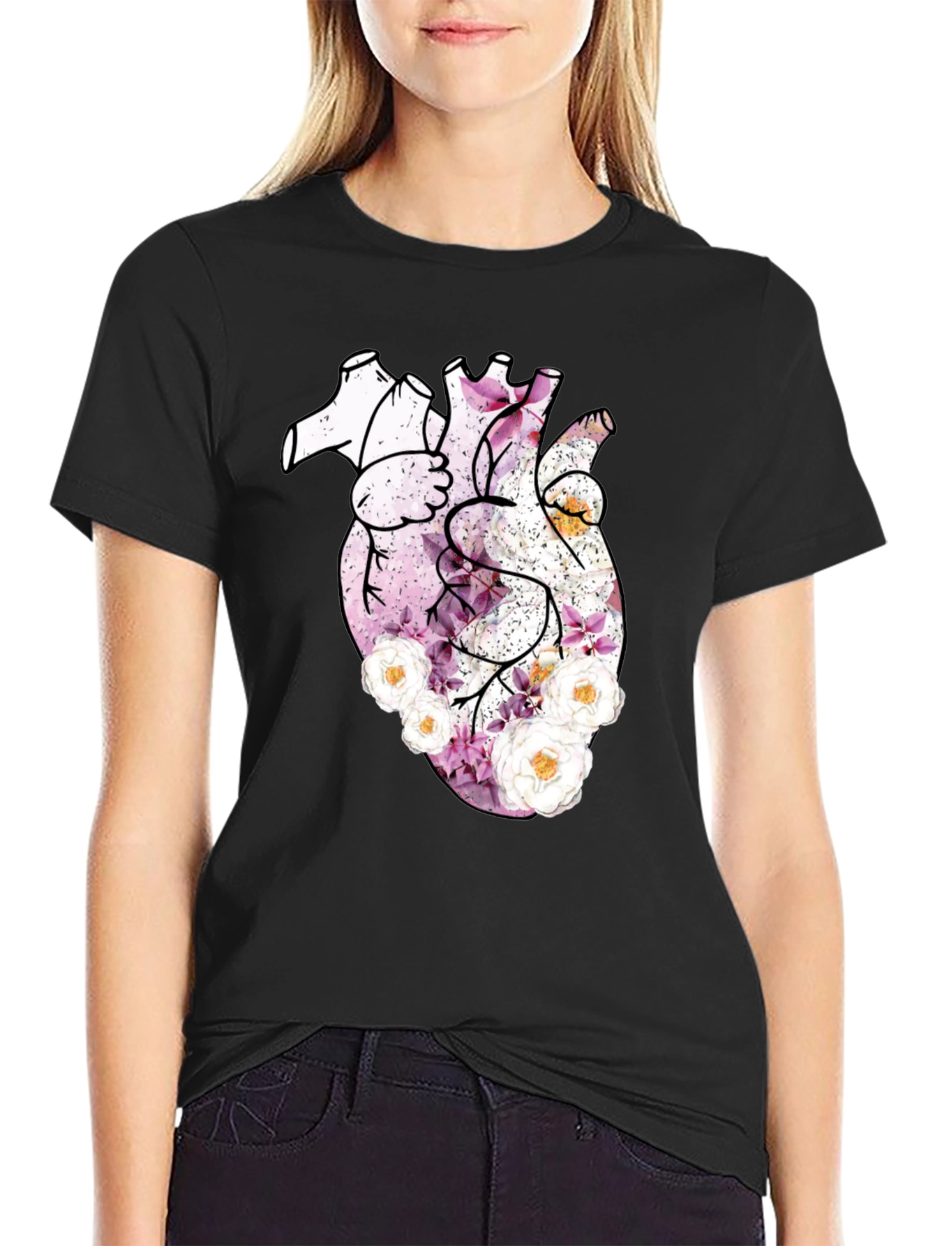 Floral Heart Print Black T-Shirt