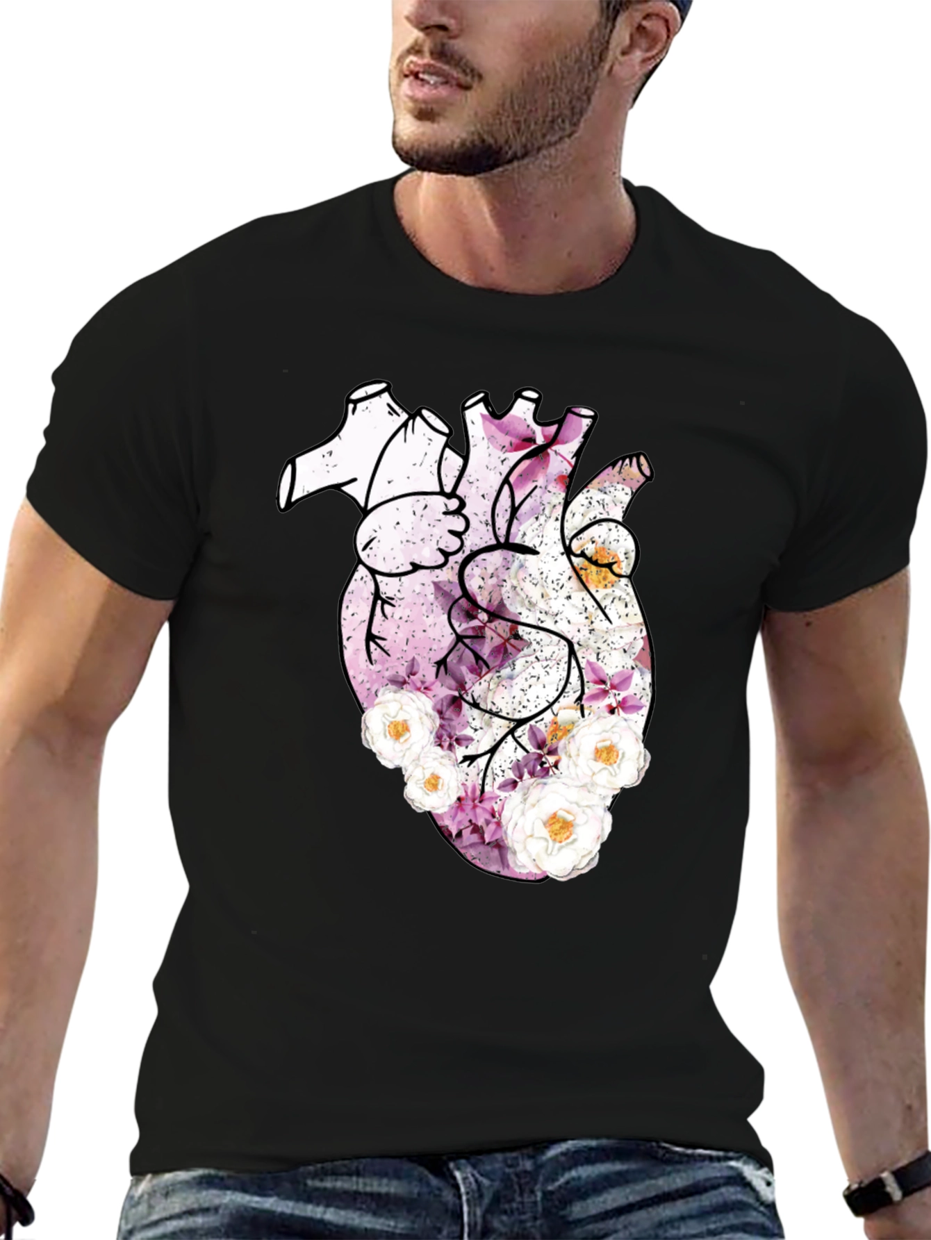 Floral Heart Print Black T-Shirt