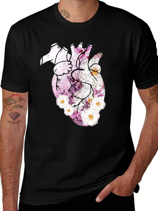 Floral Heart Print Black T-Shirt