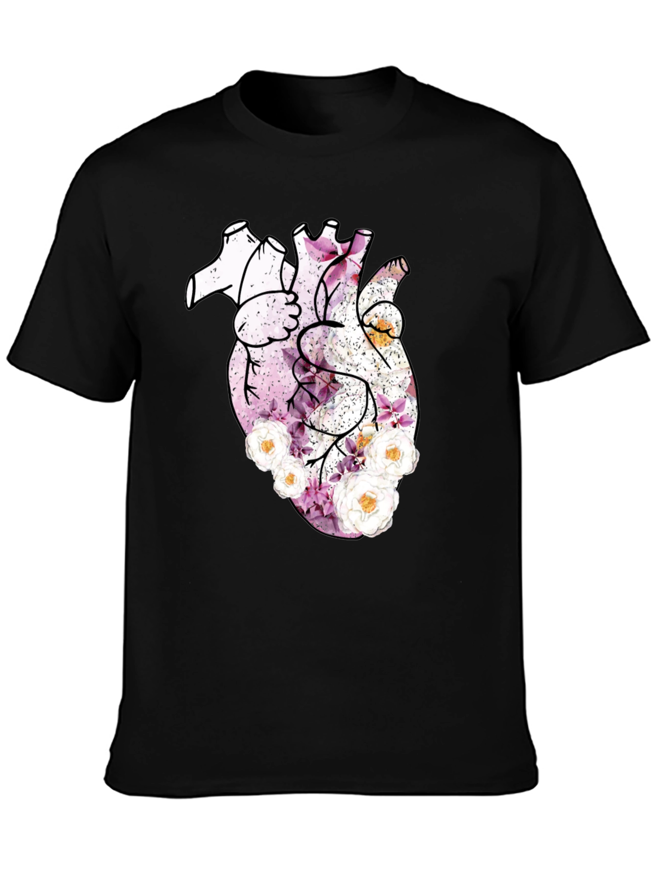 Floral Heart Print Black T-Shirt