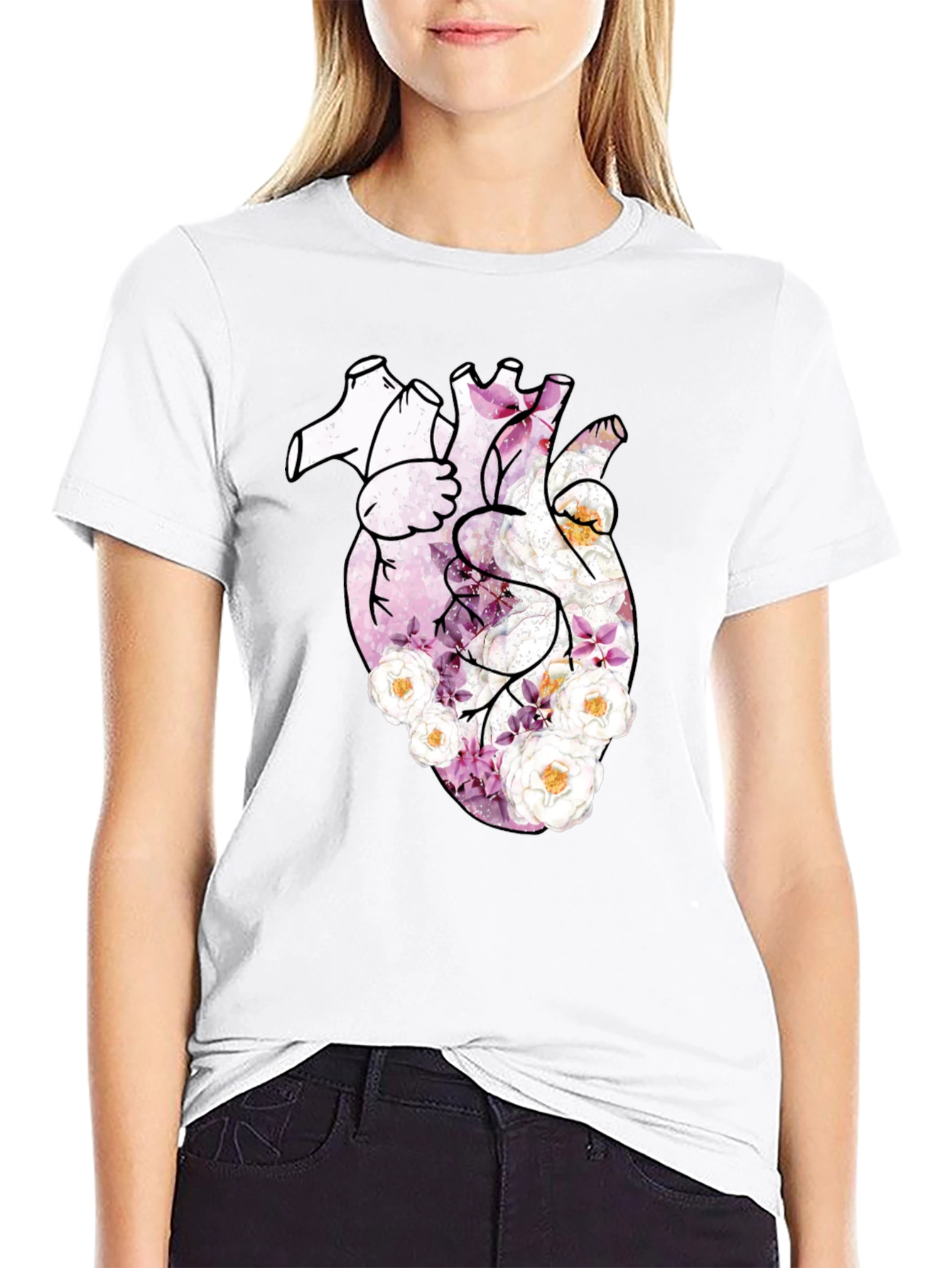 Floral Heart Print Black T-Shirt
