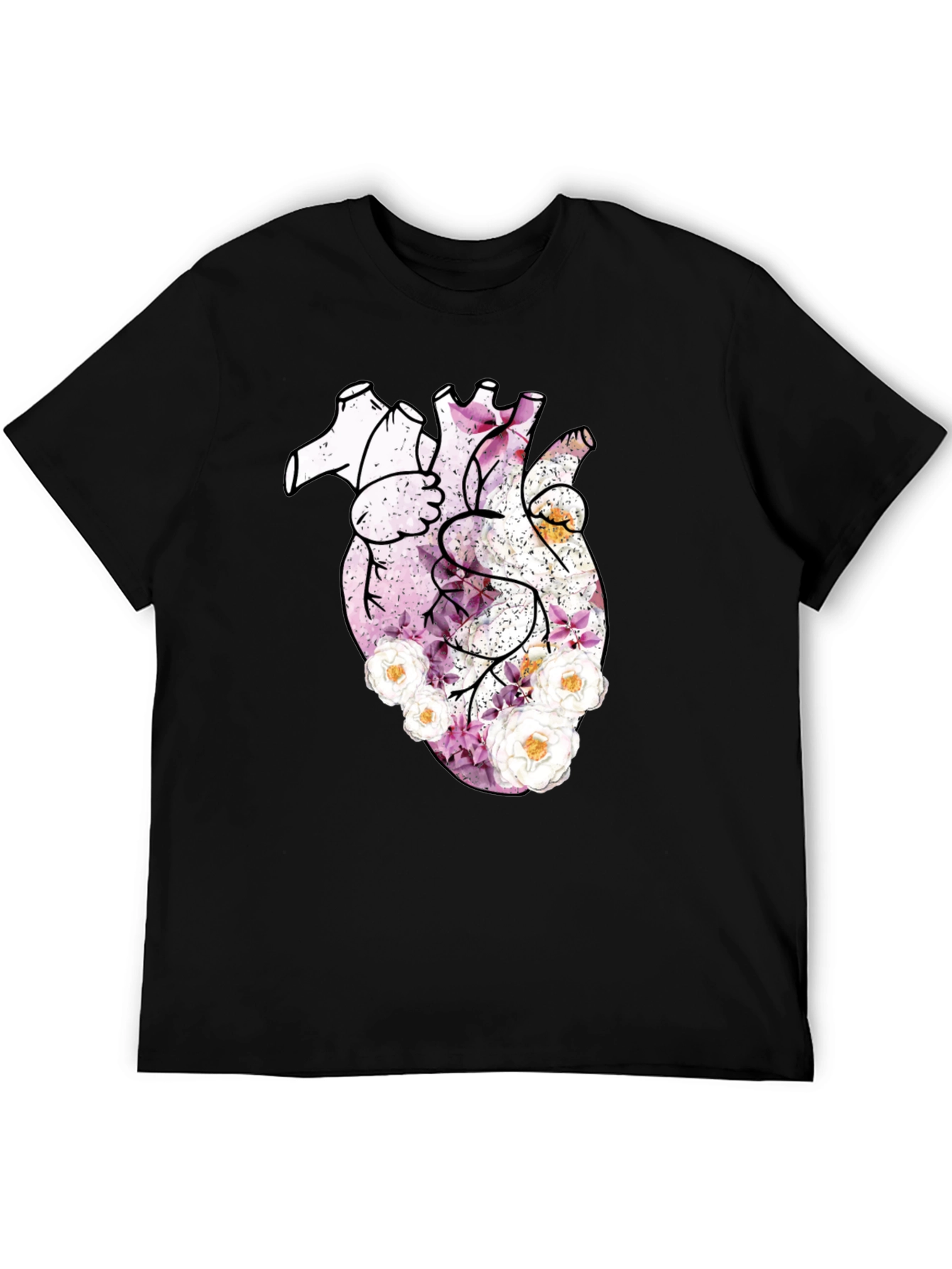 Floral Heart Print Black T-Shirt