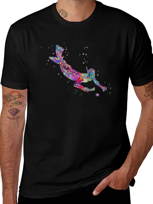 Scuba Diver Watercolor Print Black T-Shirt