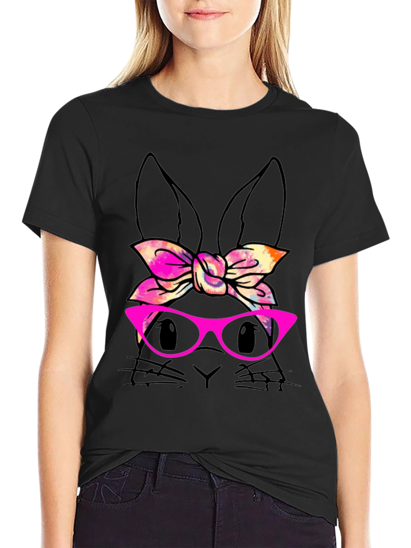 Bunny with Bow & Glasses Black T-Shirt
