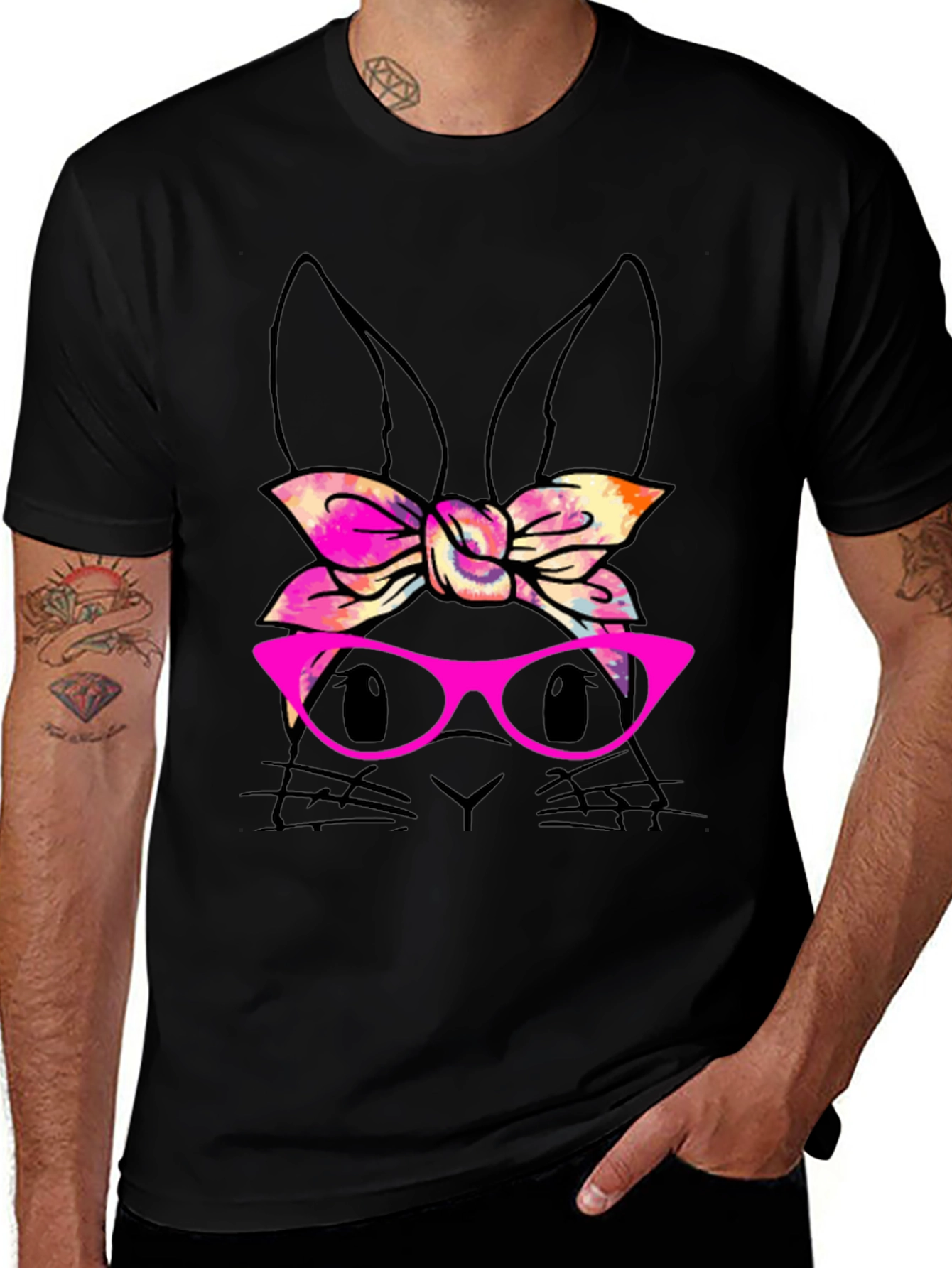 Bunny with Bow & Glasses Black T-Shirt