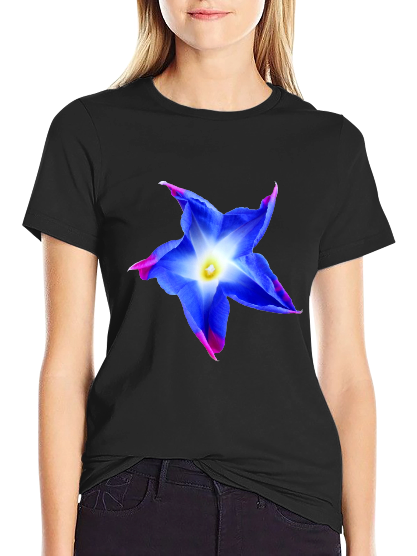 Blue Flower Graphic Tee - Stylish Mens Black T-Shirt