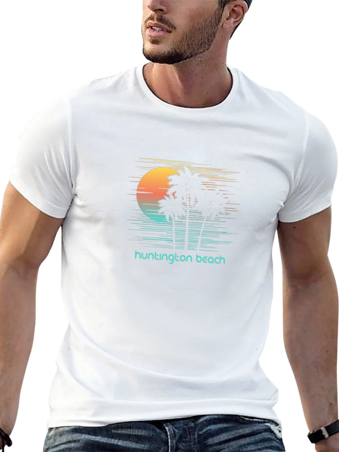 Huntington Beach Graphic Tee - Retro Palm Tree Sunset