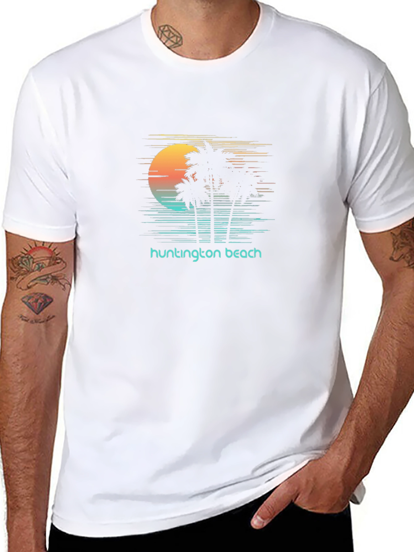 Huntington Beach Graphic Tee - Retro Palm Tree Sunset