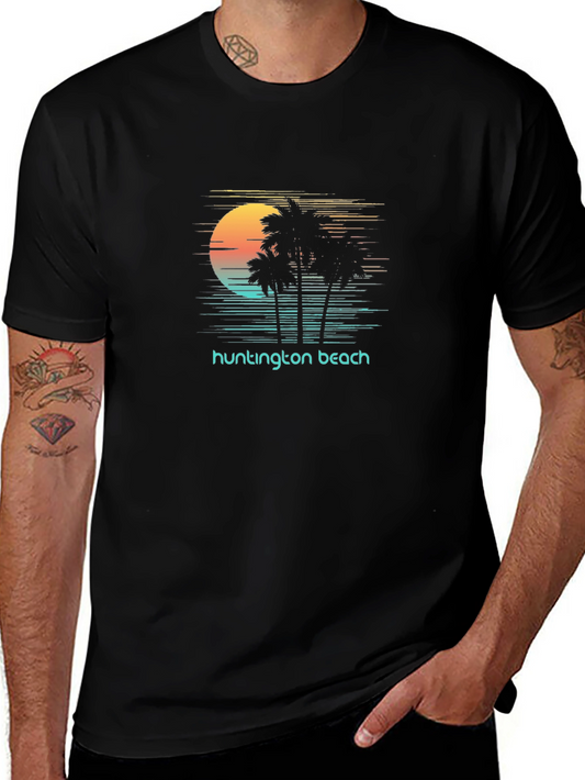 Huntington Beach Graphic Tee - Retro Palm Tree Sunset