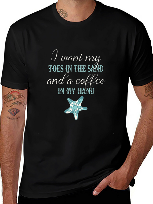 Toes in the Sand Coffee in Hand Black T-Shirt