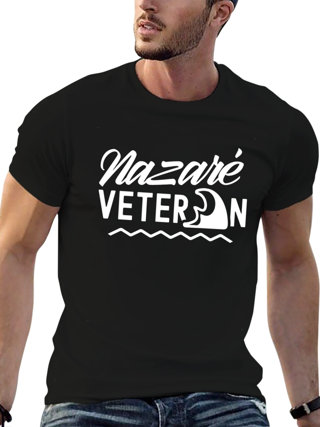 Nazaré Veteran Black T-Shirt - Surfing Wave Design