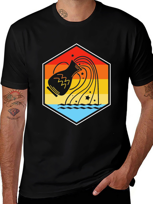 Aquarius Zodiac T-Shirt - Vintage Style Hexagon Design