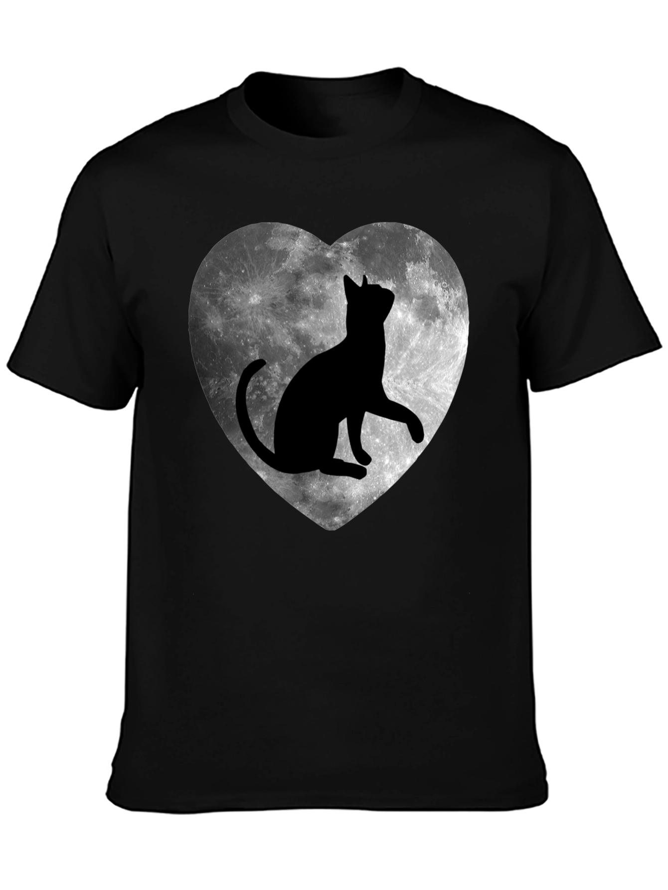 Moon Cat Heart T-Shirt - Black Graphic Tee