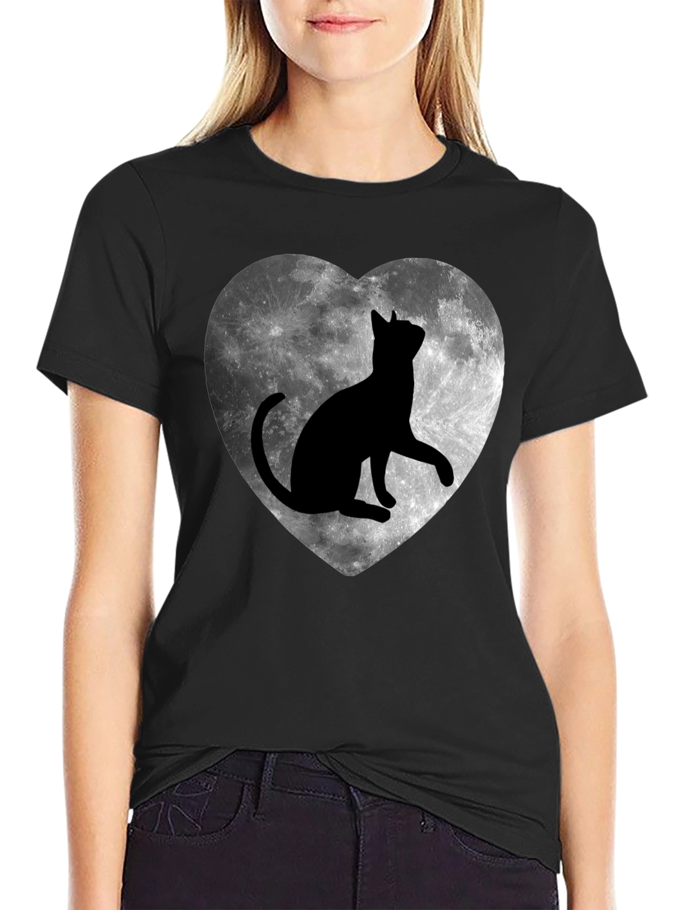 Moon Cat Heart T-Shirt - Black Graphic Tee
