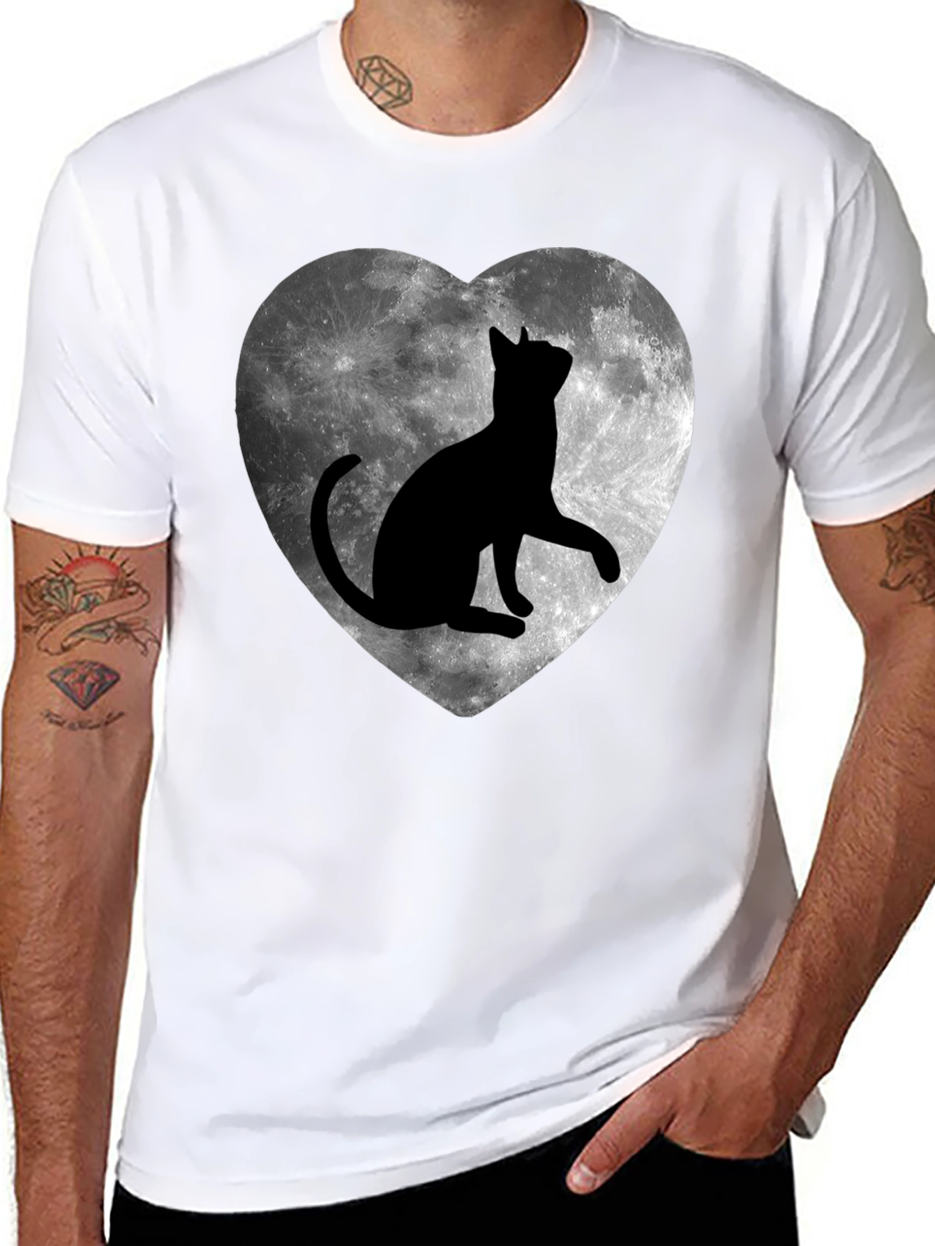Moon Cat Heart T-Shirt - Black Graphic Tee