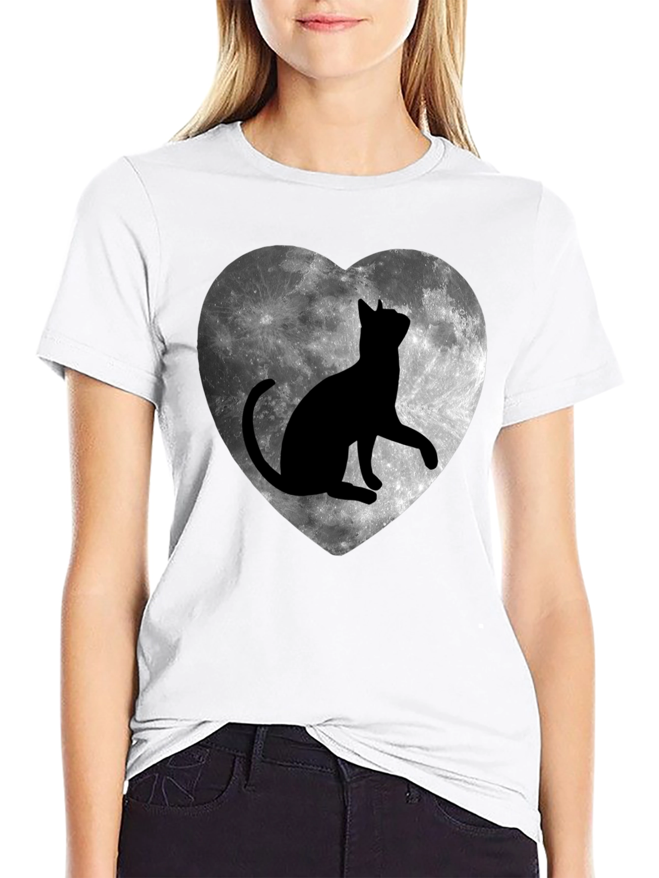 Moon Cat Heart T-Shirt - Black Graphic Tee