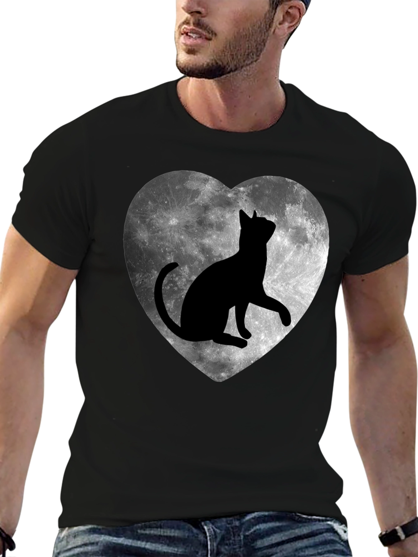 Moon Cat Heart T-Shirt - Black Graphic Tee