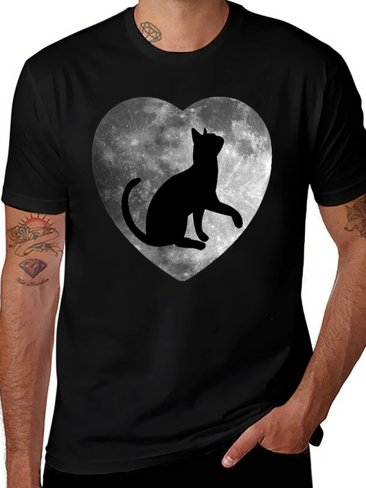 Moon Cat Heart T-Shirt - Black Graphic Tee
