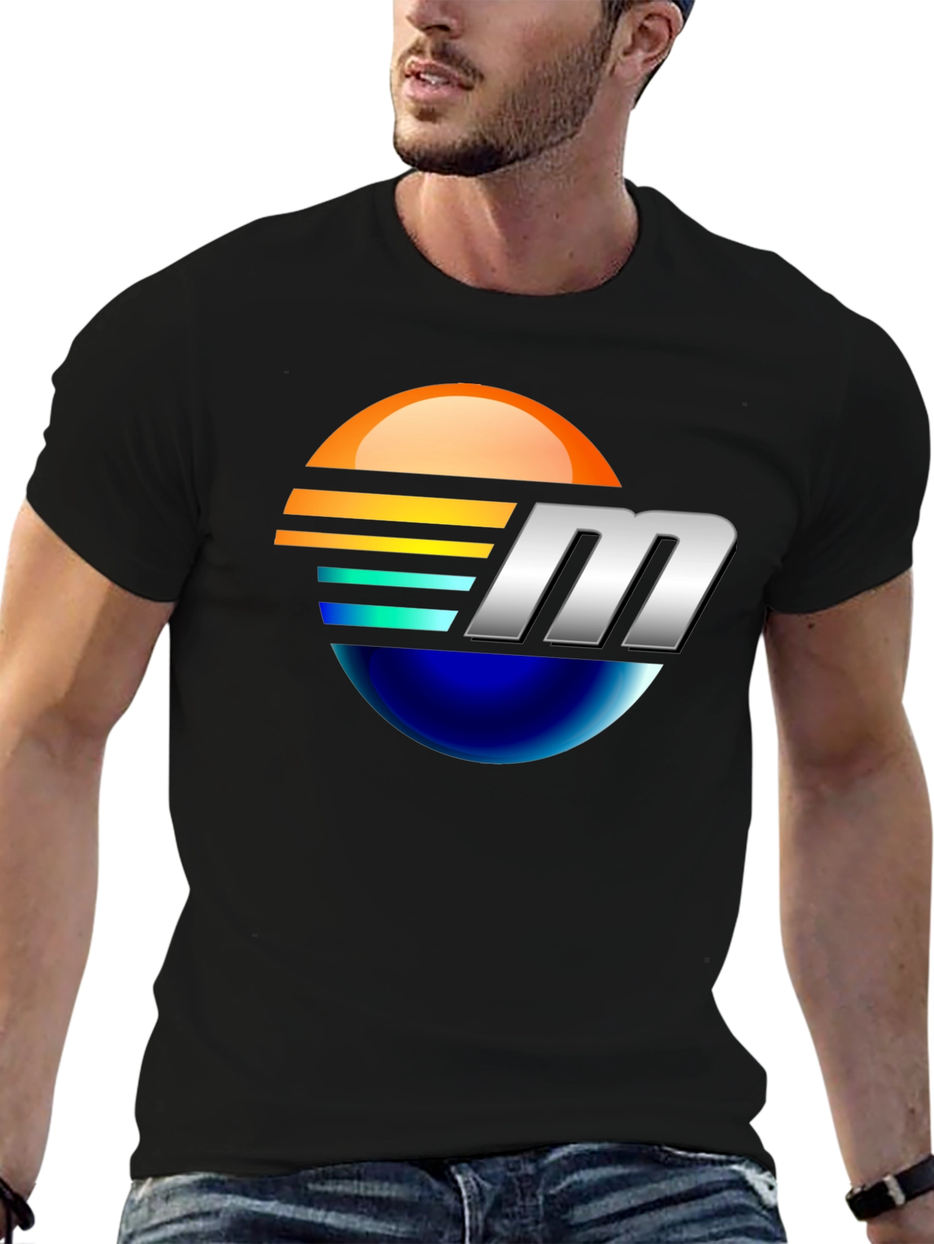 Retro Sunset M Letter Graphic Black T-Shirt
