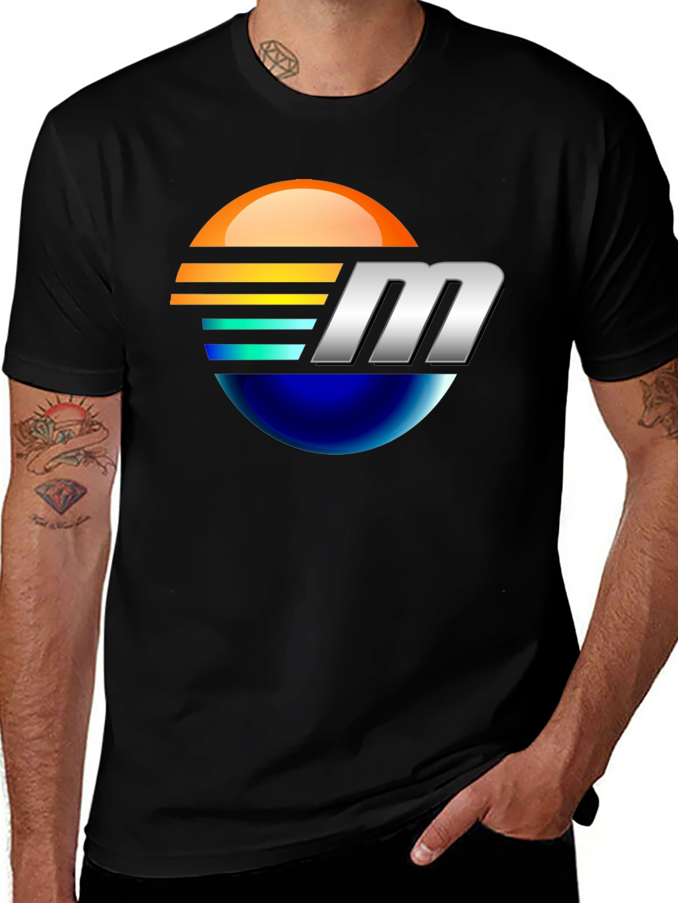Retro Sunset M Letter Graphic Black T-Shirt