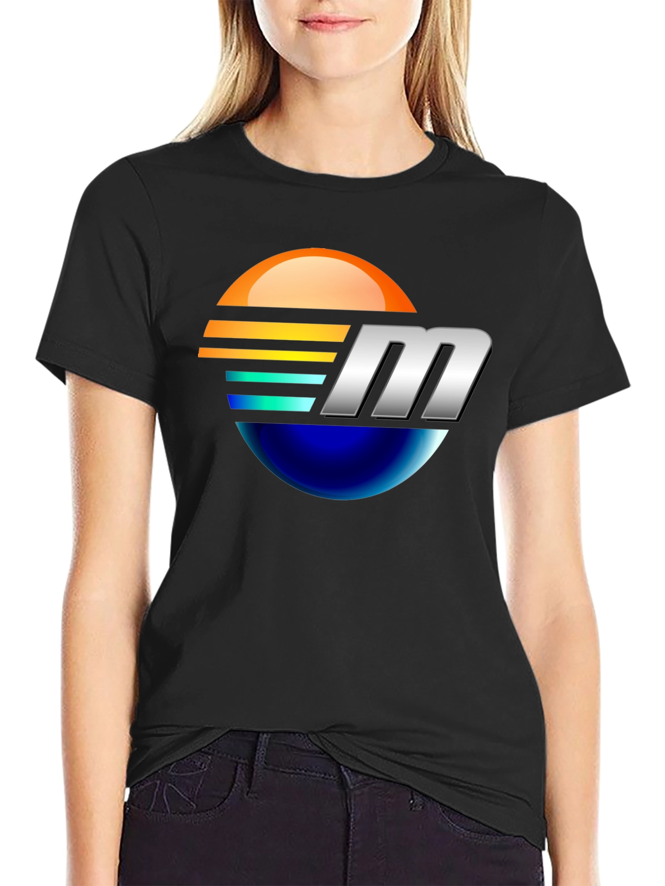 Retro Sunset M Letter Graphic Black T-Shirt