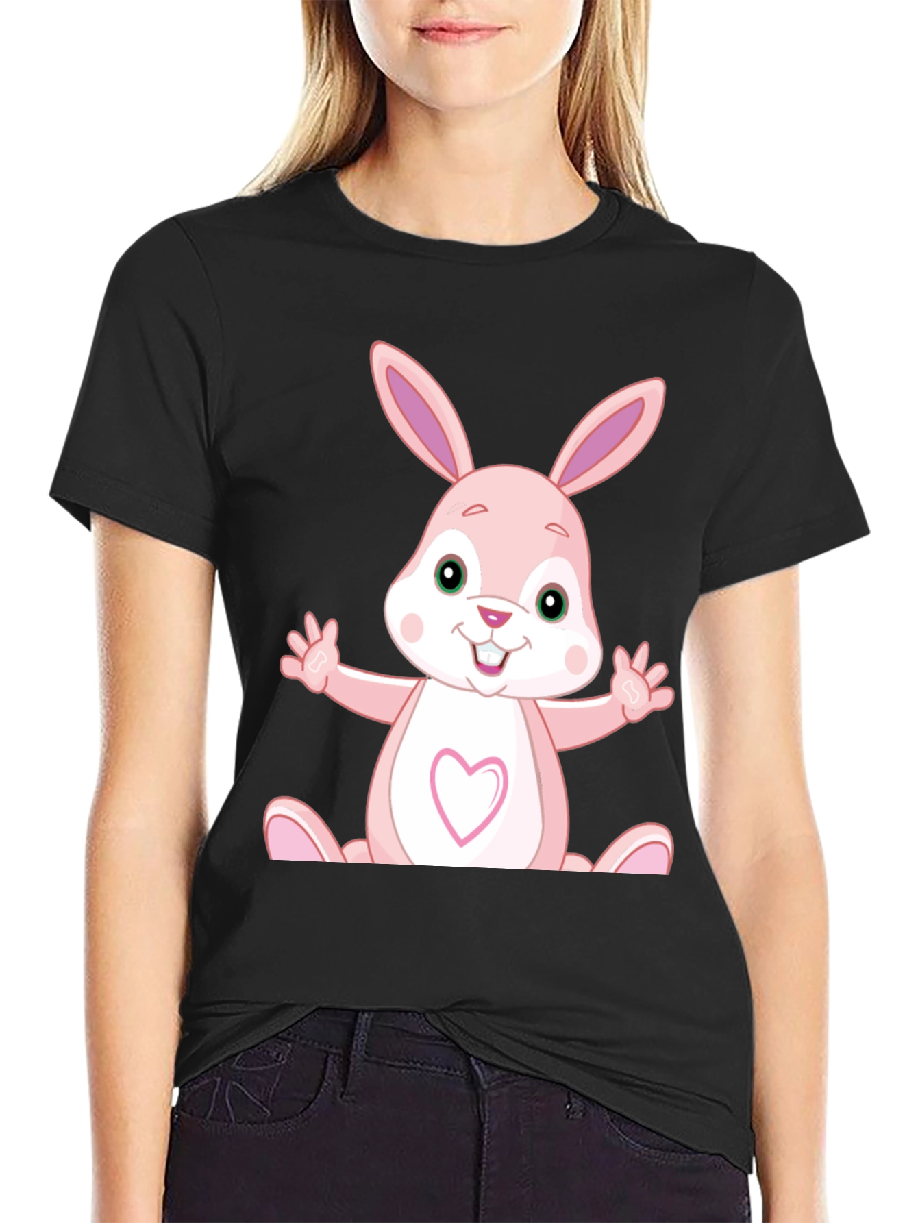 Cute Cartoon Rabbit Graphic Black T-Shirt