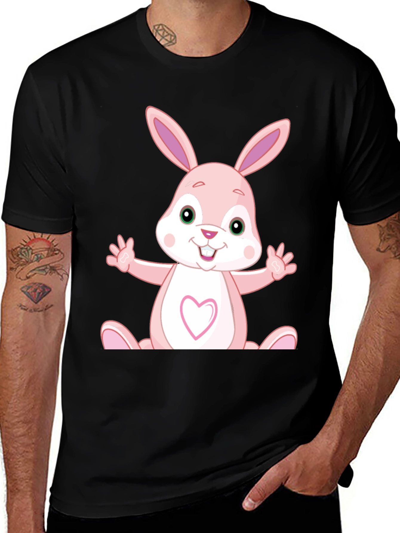 Cute Cartoon Rabbit Graphic Black T-Shirt