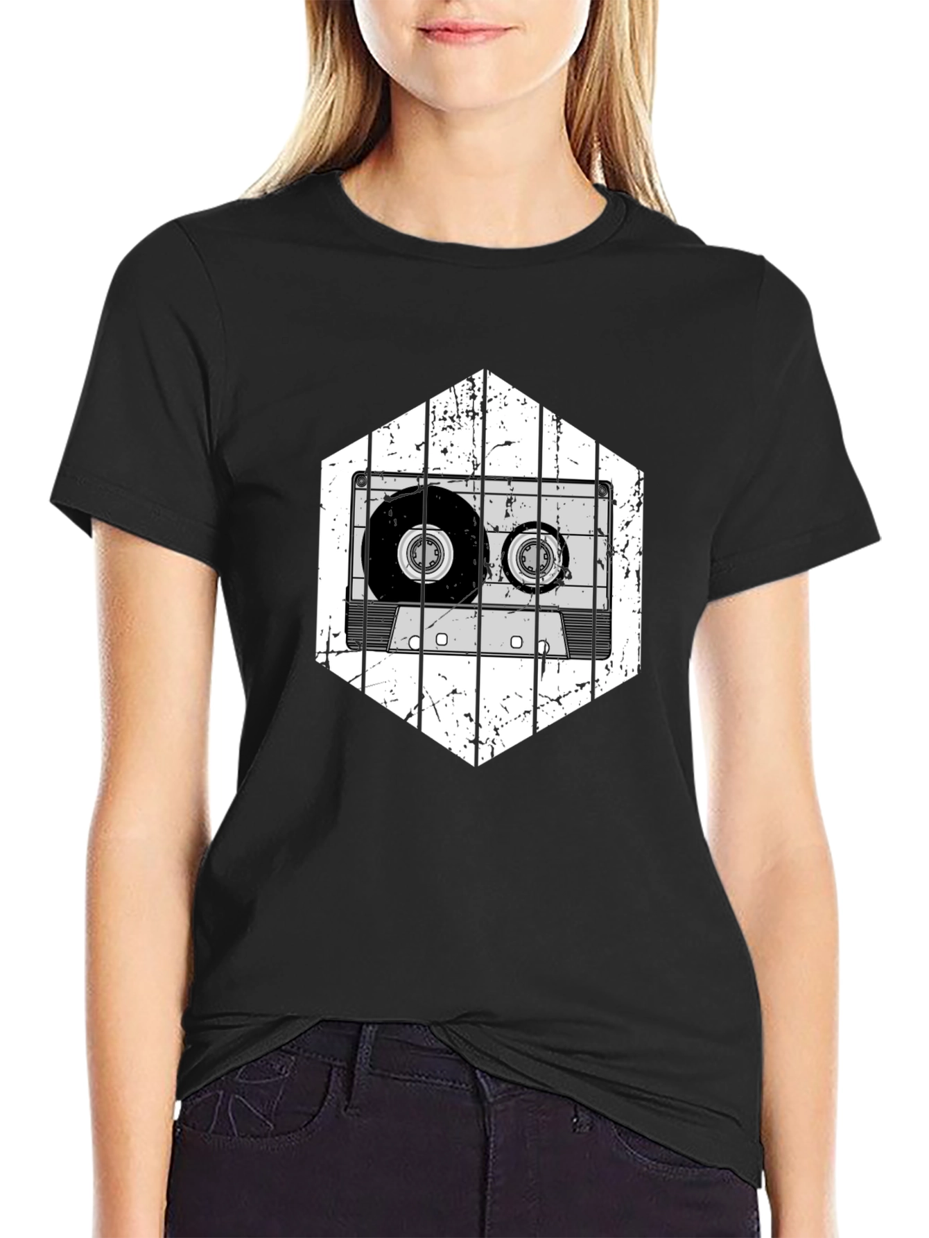 Retro Cassette Tape Graphic Tee - Black Cotton T-Shirt
