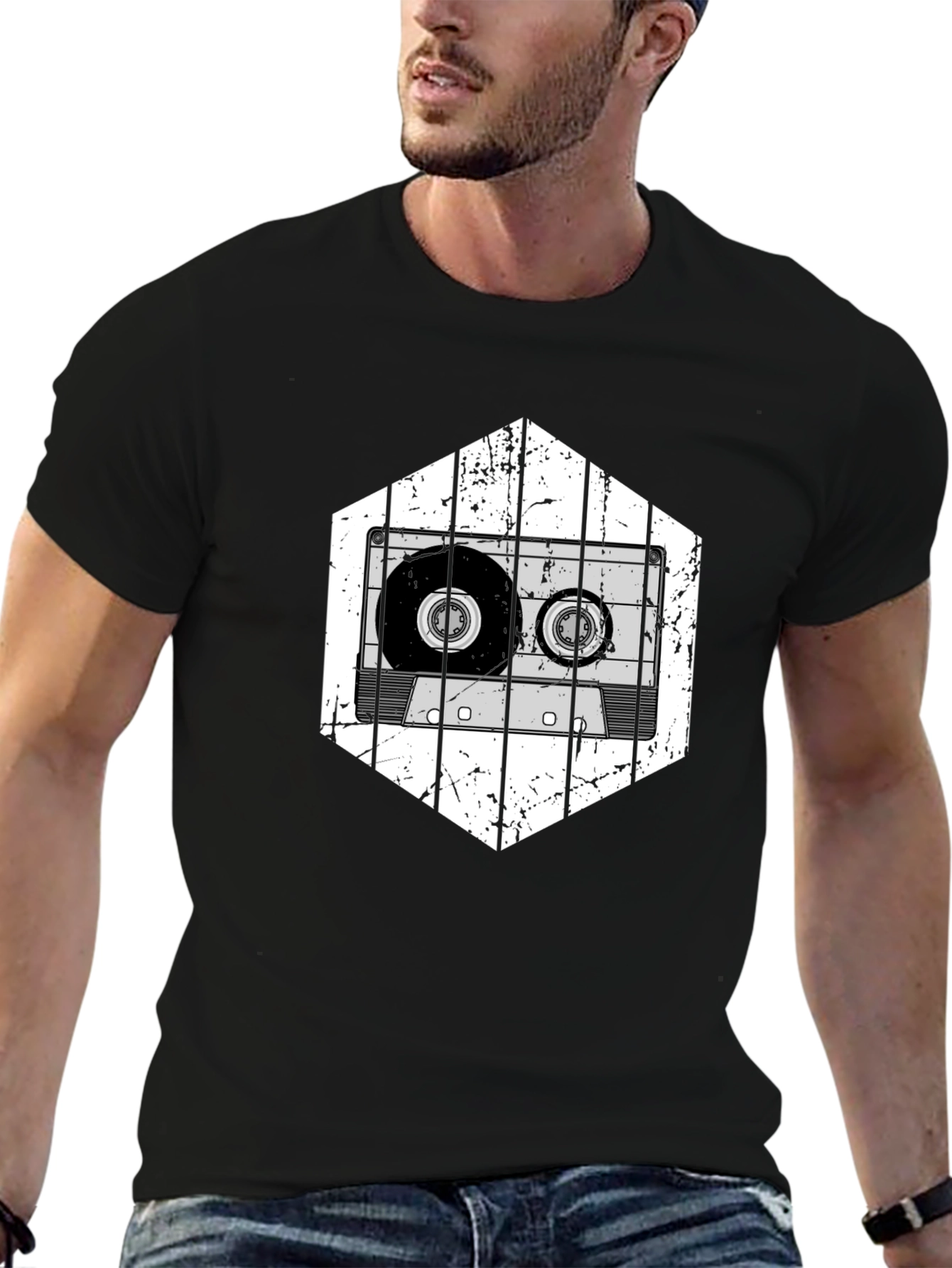 Retro Cassette Tape Graphic Tee - Black Cotton T-Shirt