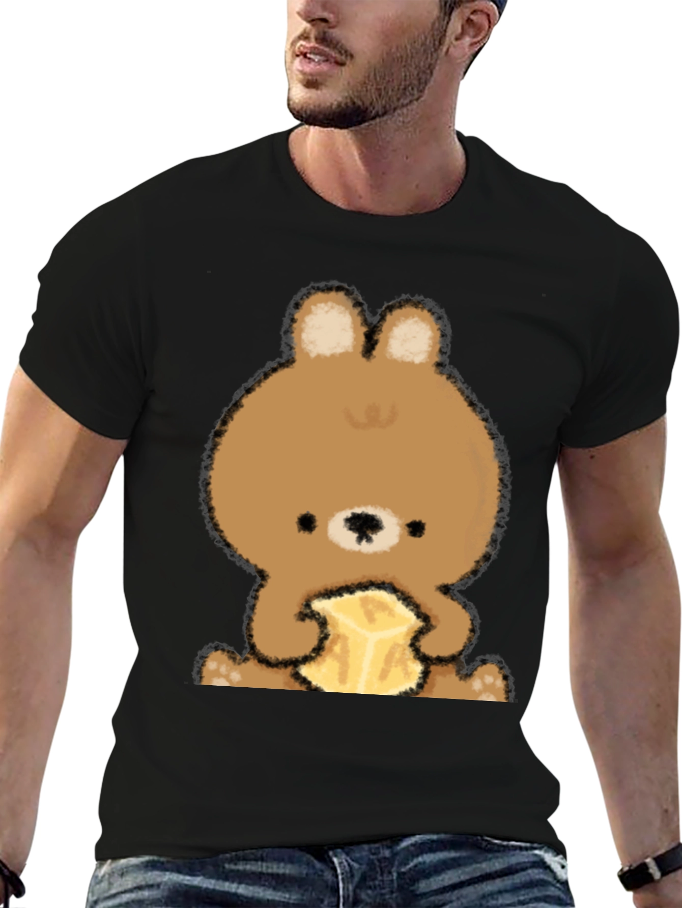 Cute Bear Eating Butter Graphic Tee - Black