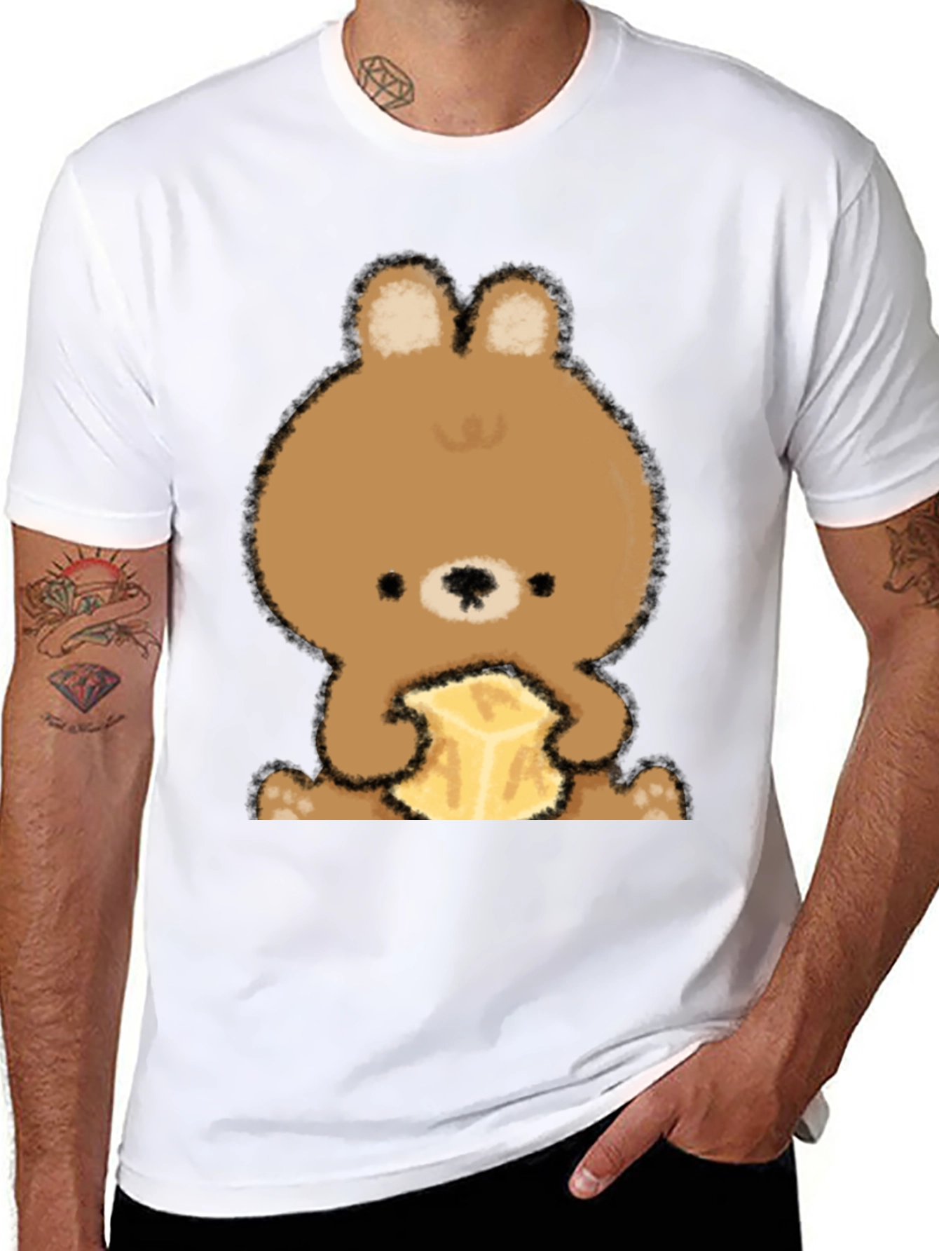 Cute Bear Eating Butter Graphic Tee - Black