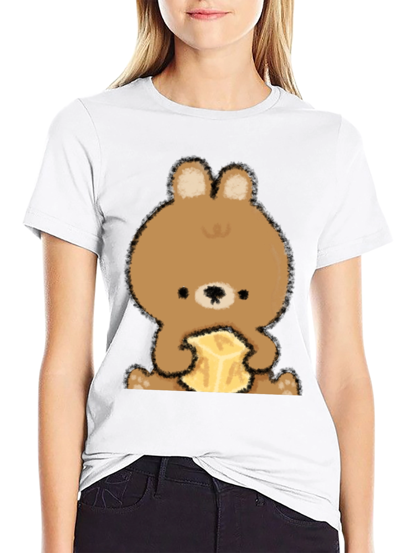 Cute Bear Eating Butter Graphic Tee - Black