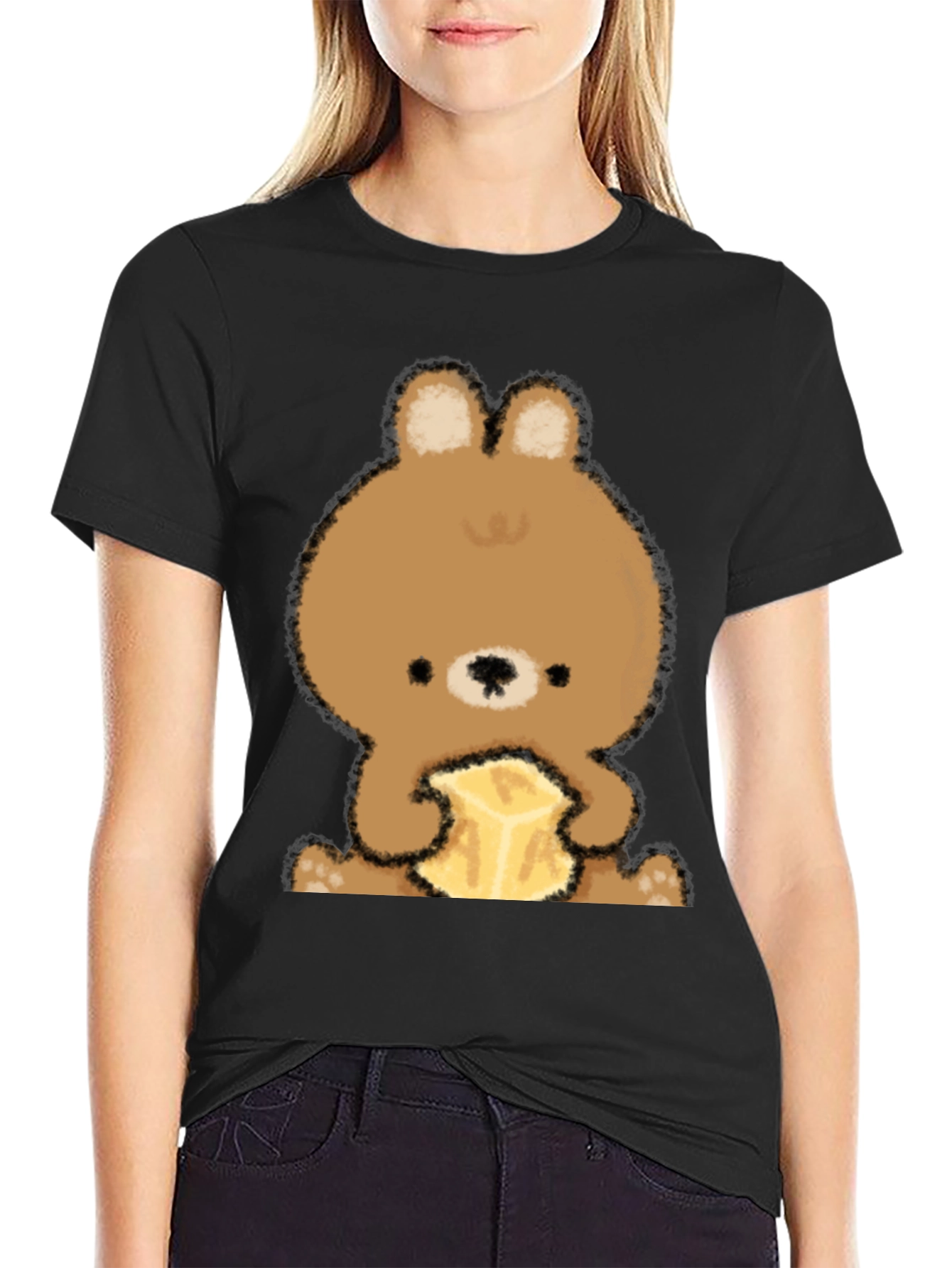 Cute Bear Eating Butter Graphic Tee - Black