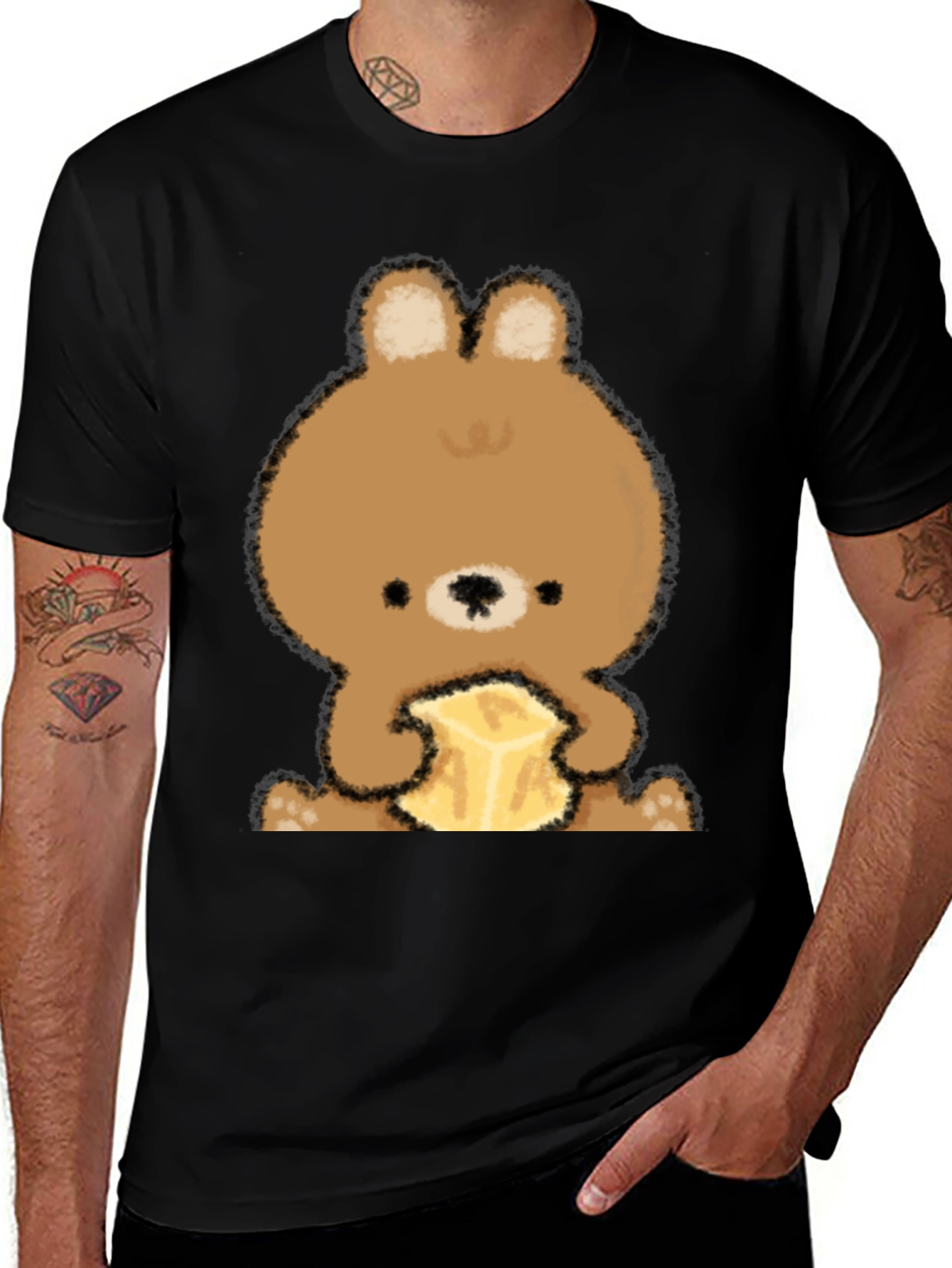 Cute Bear Eating Butter Graphic Tee - Black