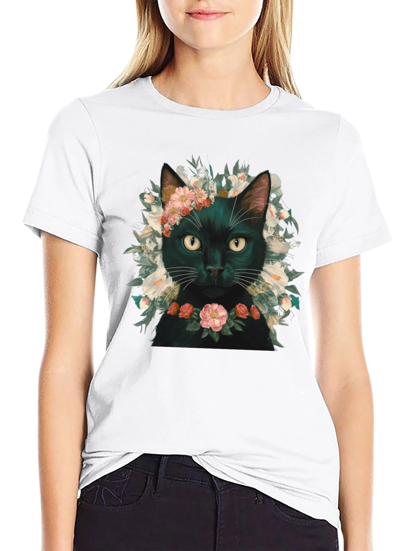 Floral Cat T-Shirt - Black