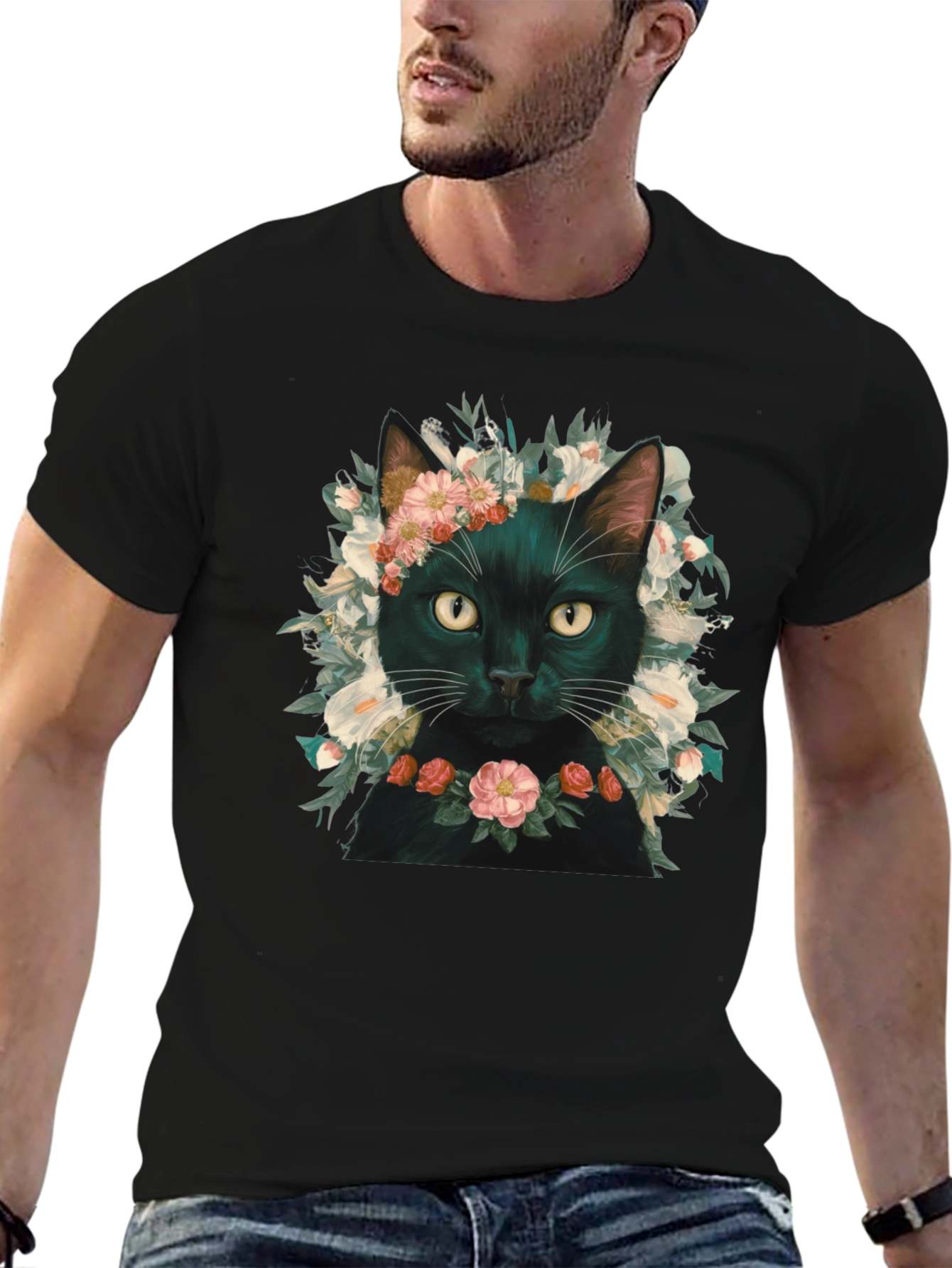Floral Cat T-Shirt - Black