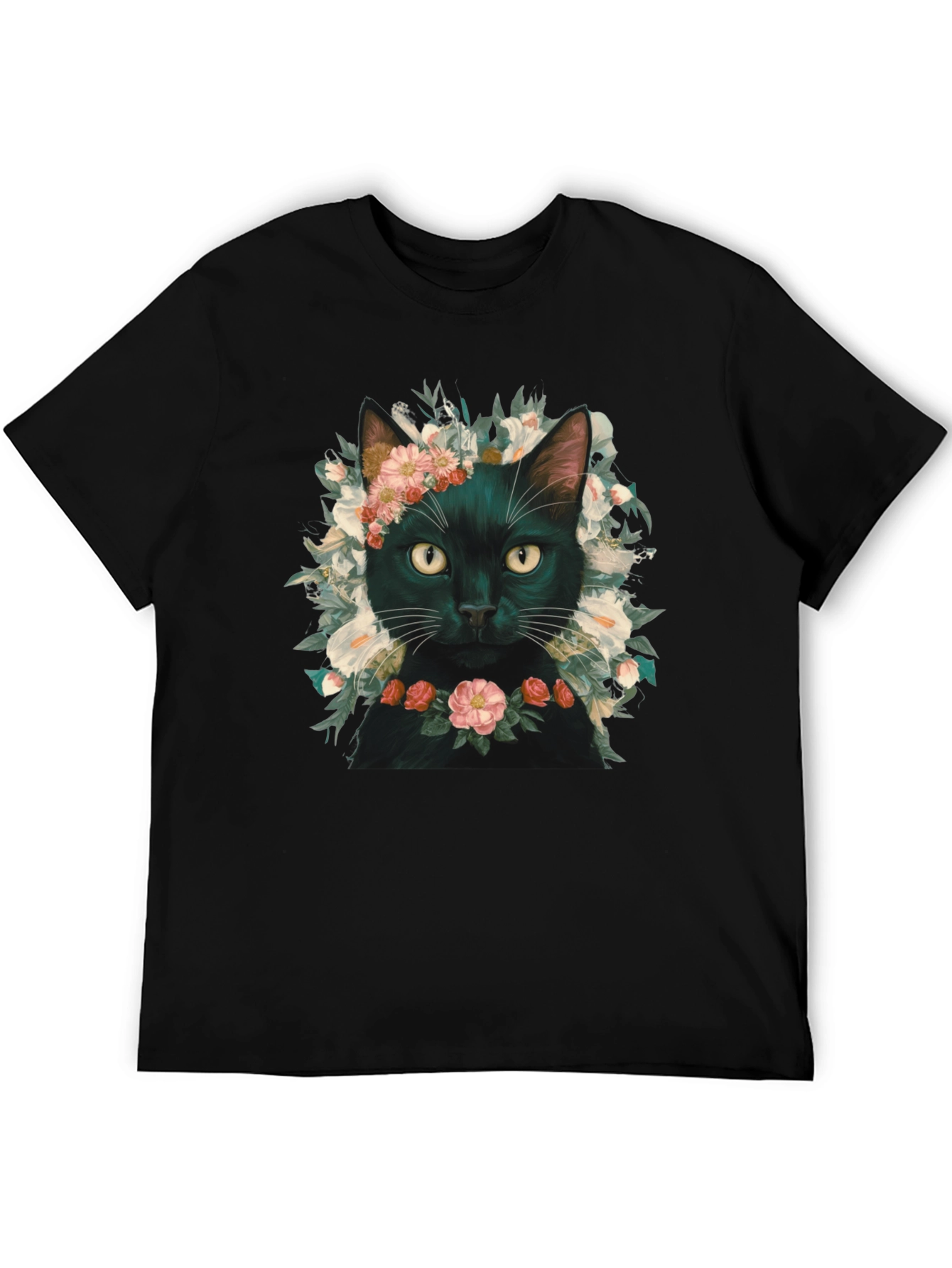 Floral Cat T-Shirt - Black